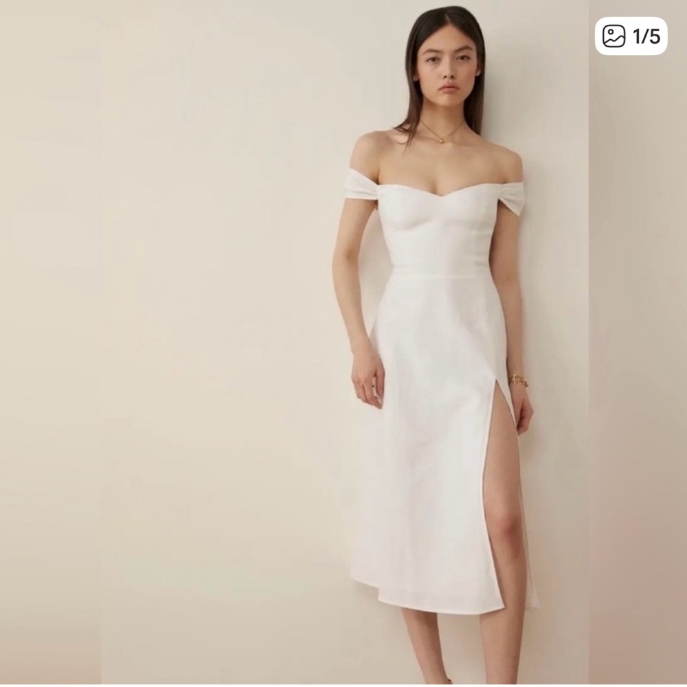 Reformation White Off-Shoulder Midi Dress